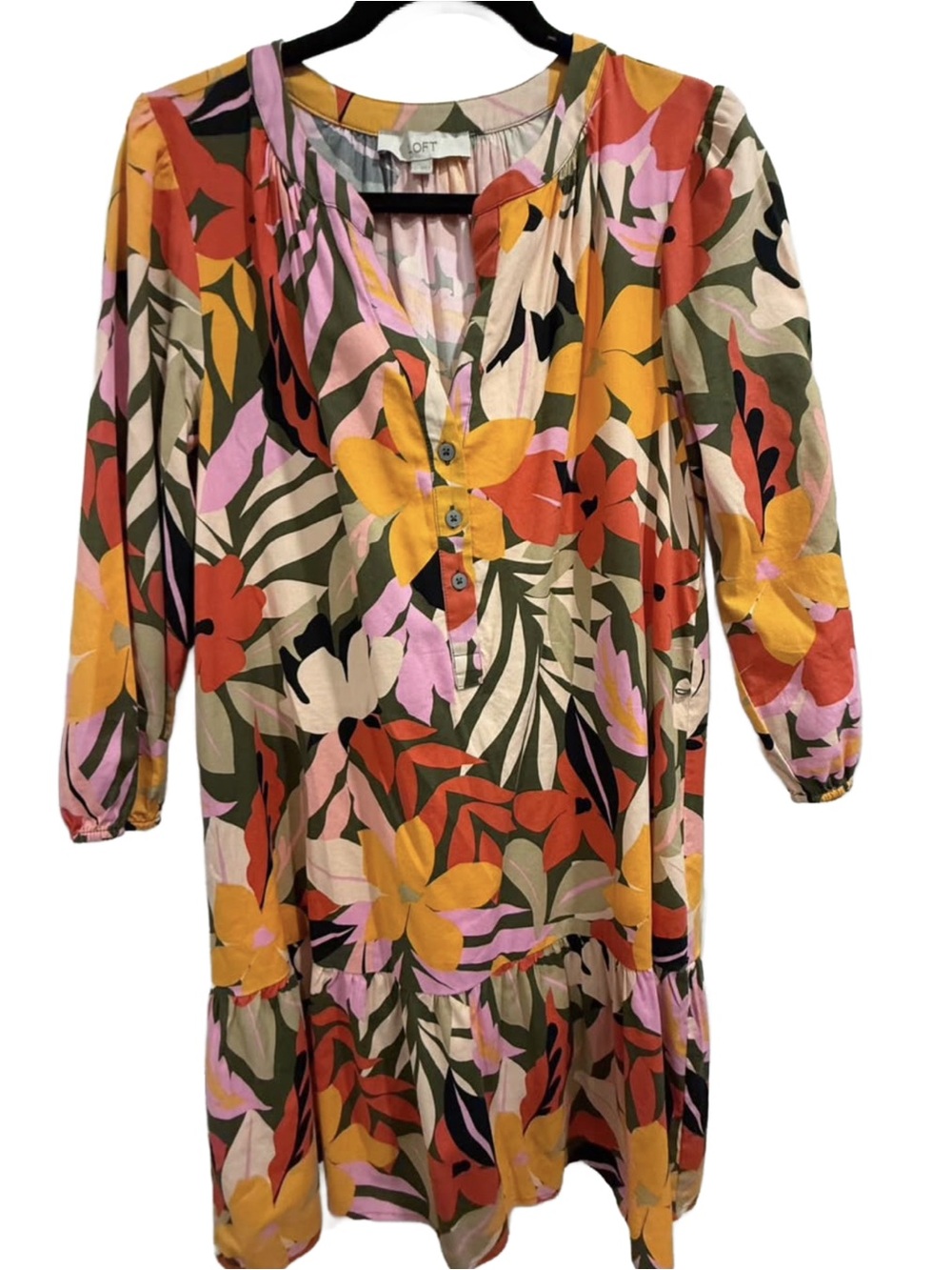LOFT Cotton Rayon Pink Yellow Palm Floral Button-Front Flounce Shirtdress Size M